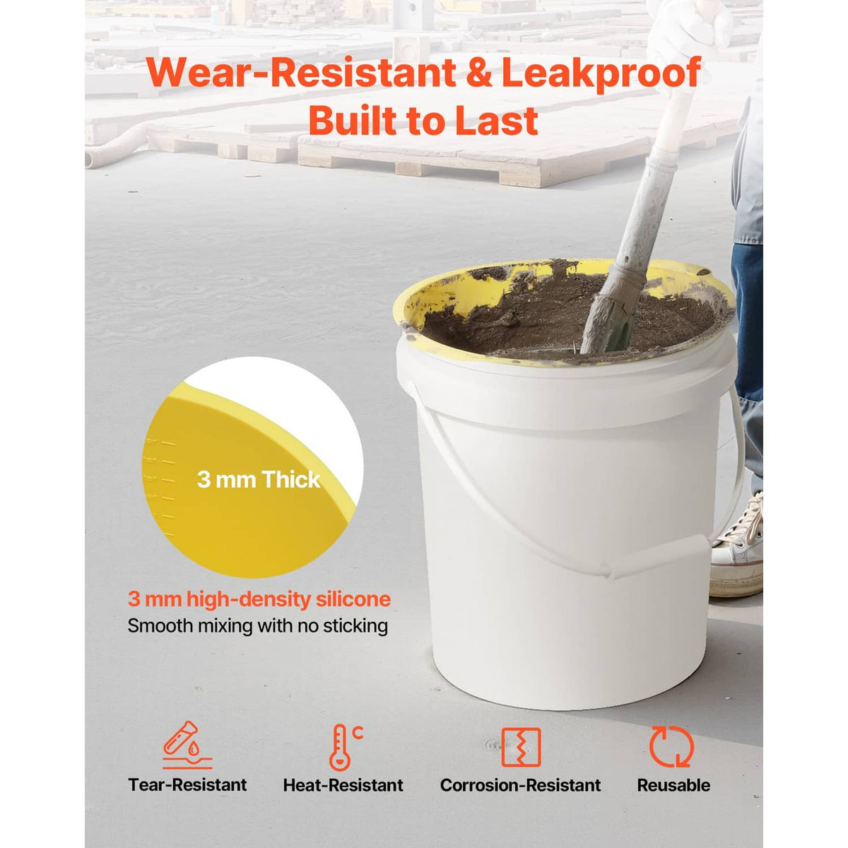 Yellow silicone liner inside a white bucket, leak-resistant silicone liner design