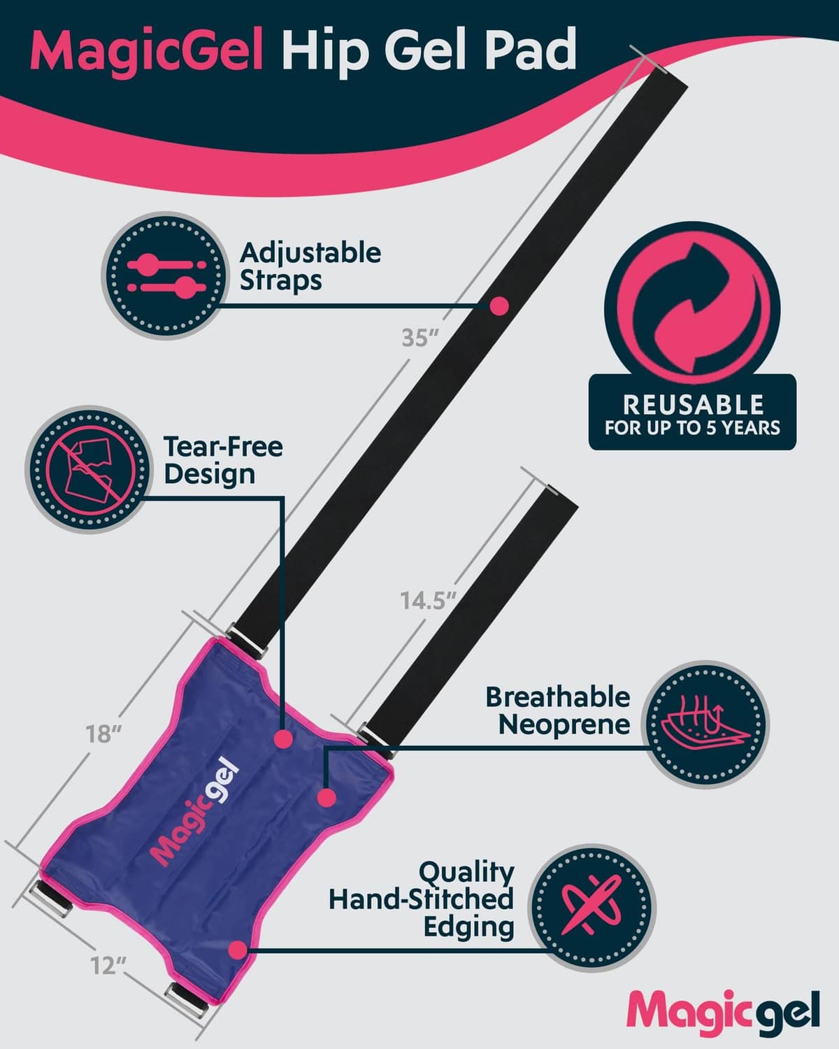 Blue hip gel pad wrap with pink trim, adjustable straps and tear-free design