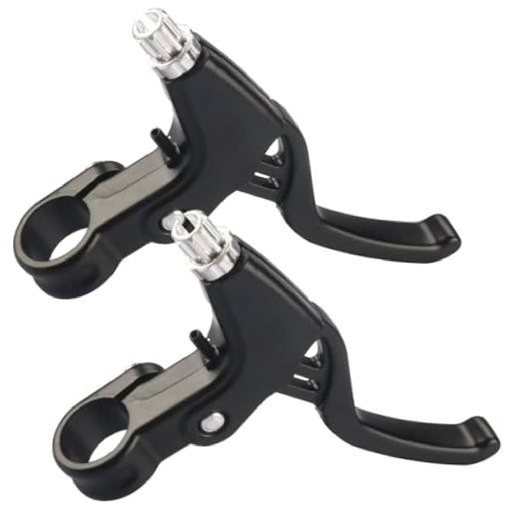 Pair of black V-brake bike brake levers with silver clamp barrels and handle grips.