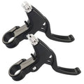 Pair of black V-brake bike brake levers with silver clamp barrels and handle grips.