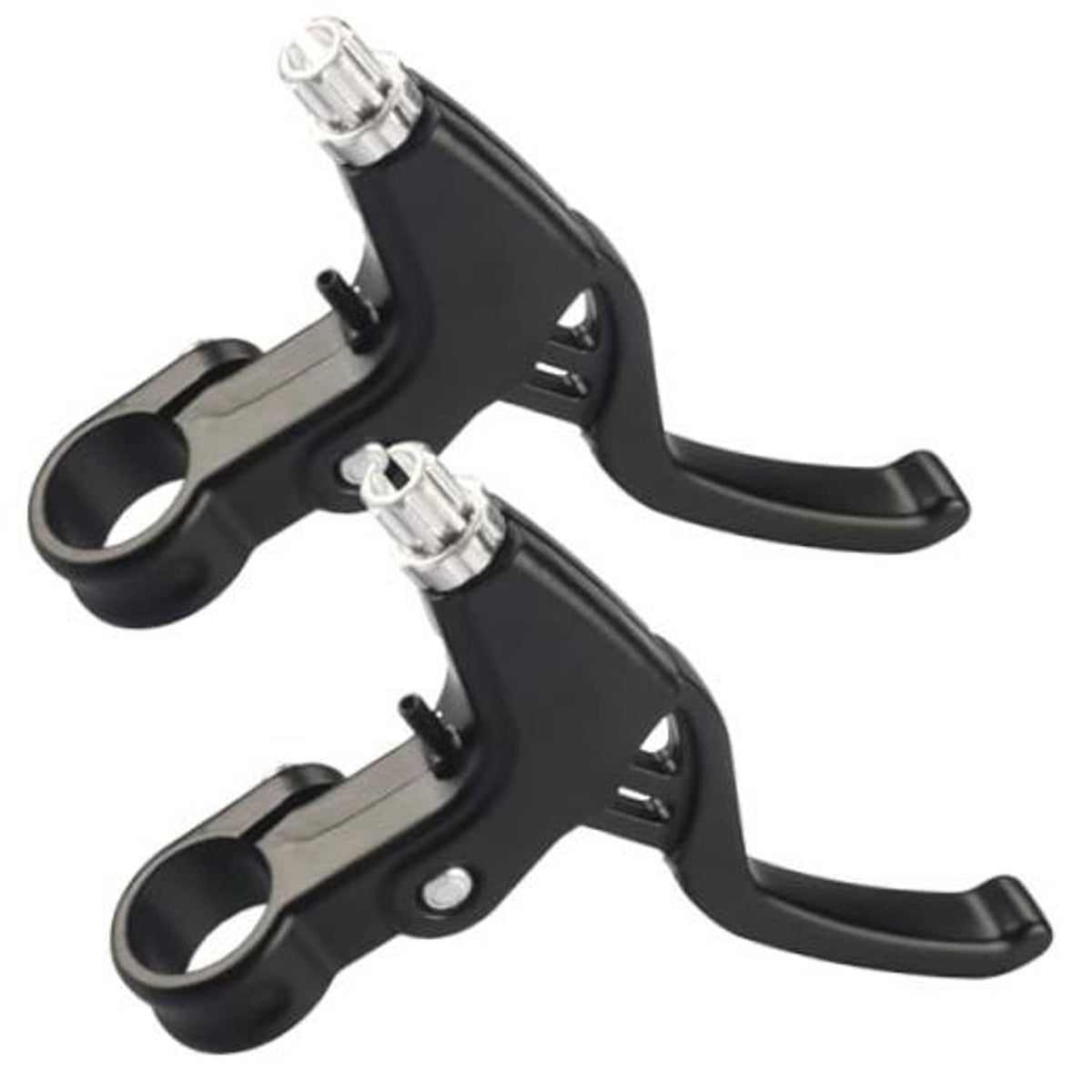 Pair of black V-brake bike brake levers with silver clamp barrels and handle grips.