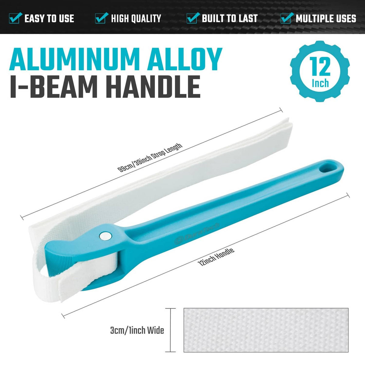 Blue strap wrench with aluminum I-beam handle and wide woven polyester strap.