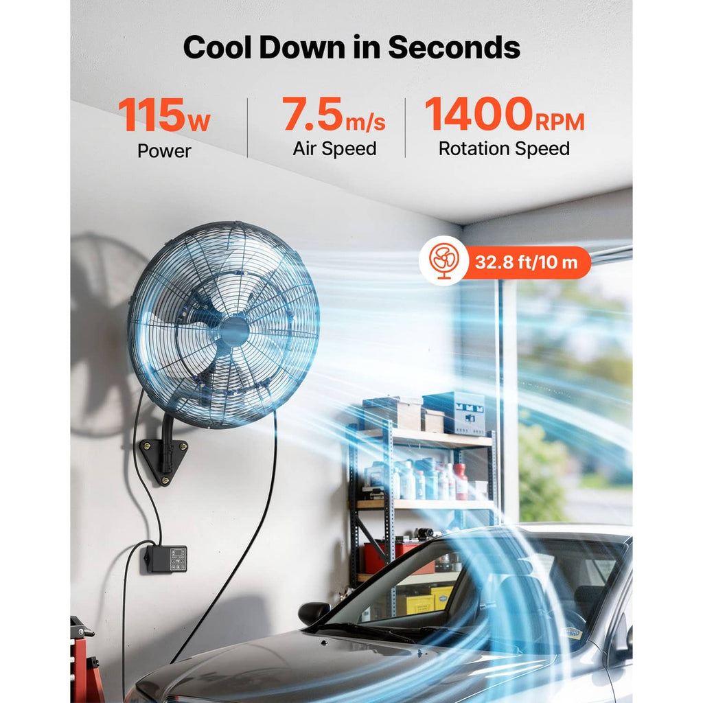Wall-mounted mist fan with protective grille and airflow stream, remote-ready control panel