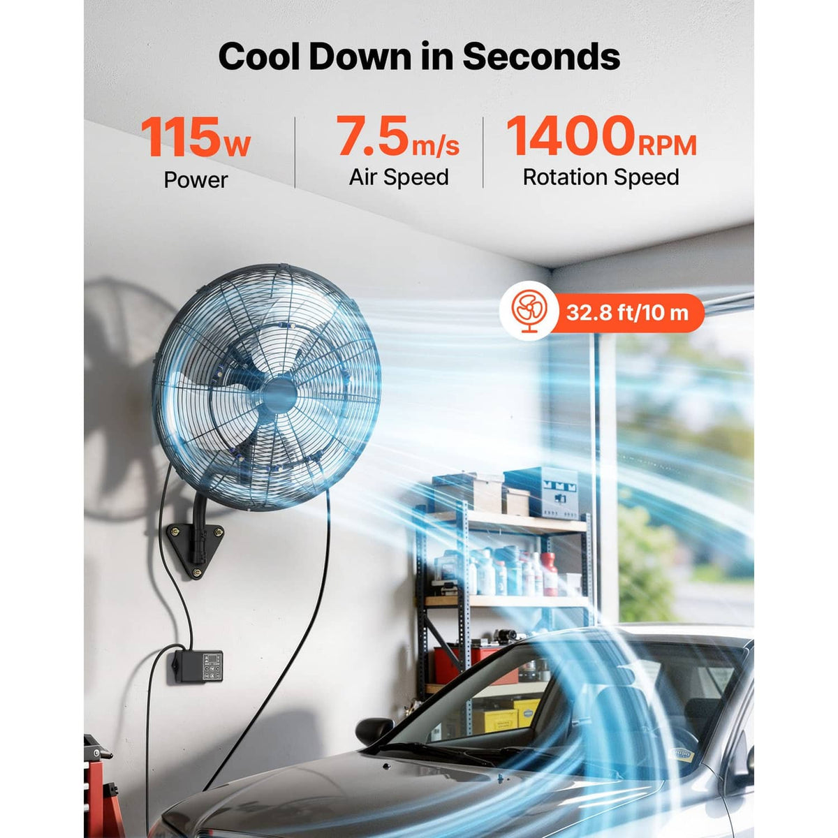 Wall-mounted mist fan with protective grille and airflow stream, remote-ready control panel