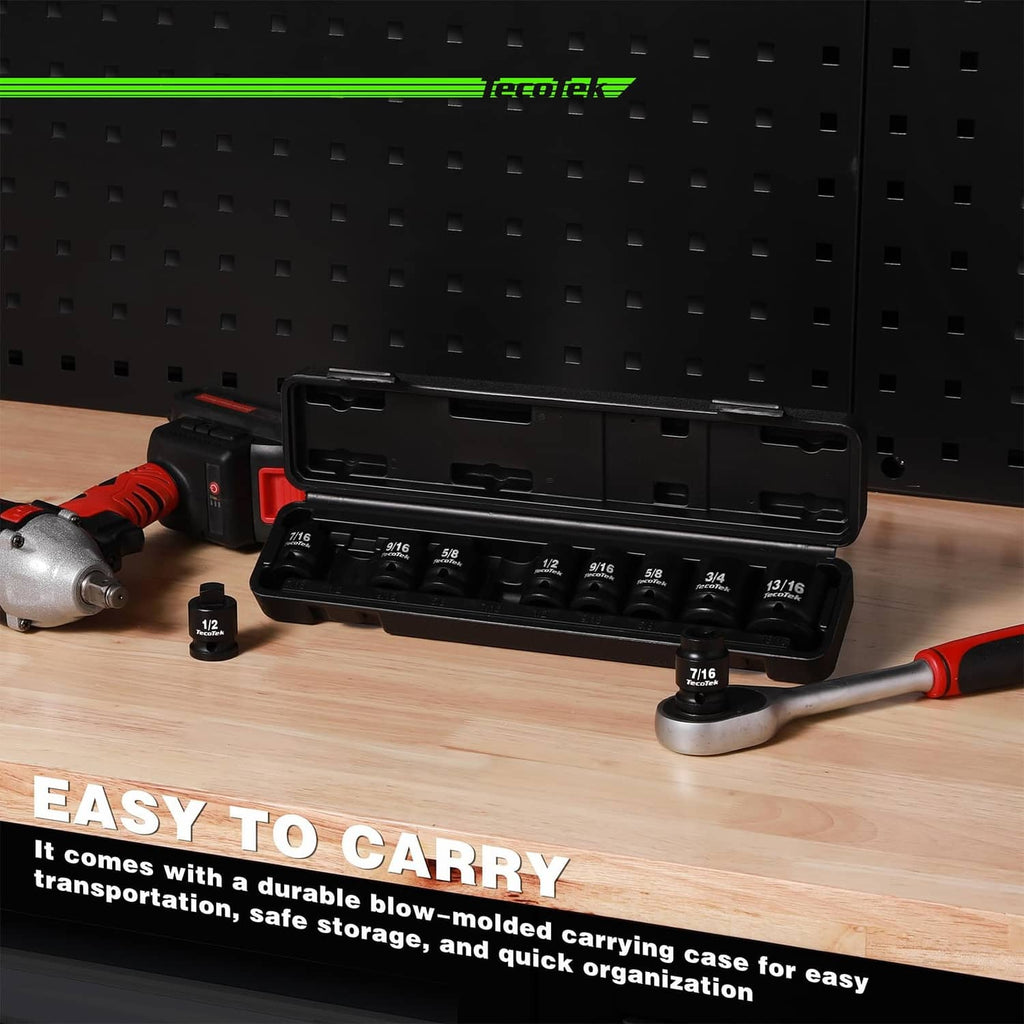 10-piece socket set stored in a molded black carry case with socket organizer
