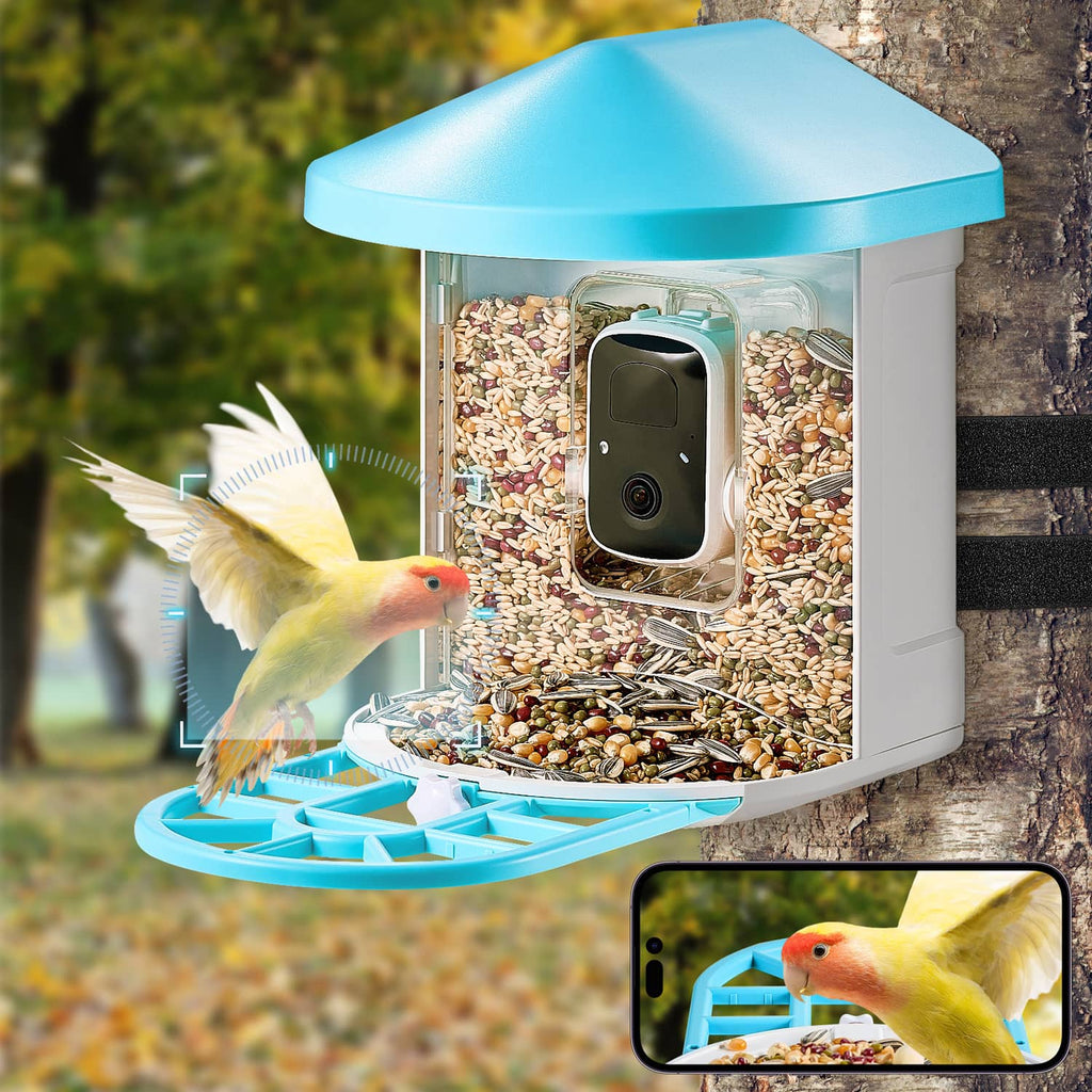 Smart bird feeder with camera, blue roof, clear seed chamber and yellow bird at the tray.