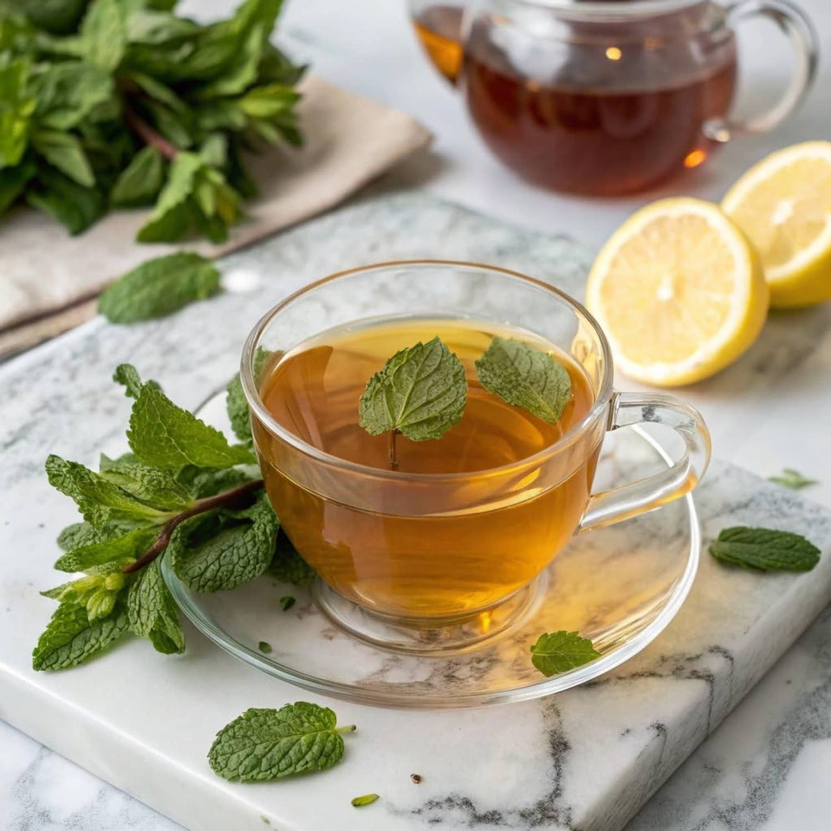 Green tea in a glass cup with mint leaves and a lemon slice