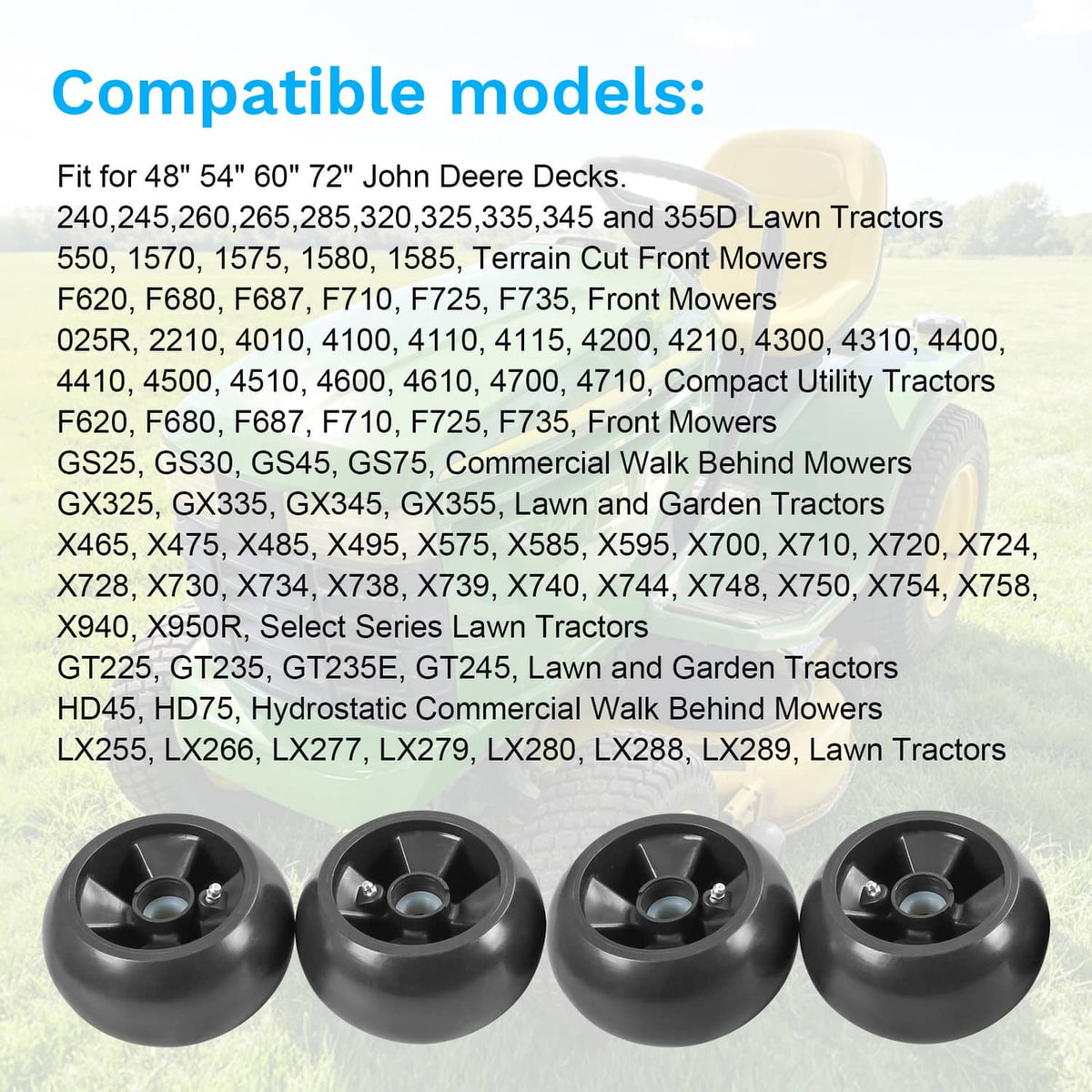 Four black deck mower wheels with metal center bearings and mounting hardware