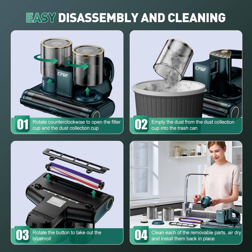 Dark cyan mattress vacuum cleaner with removable filter cups and cleaning-ready design