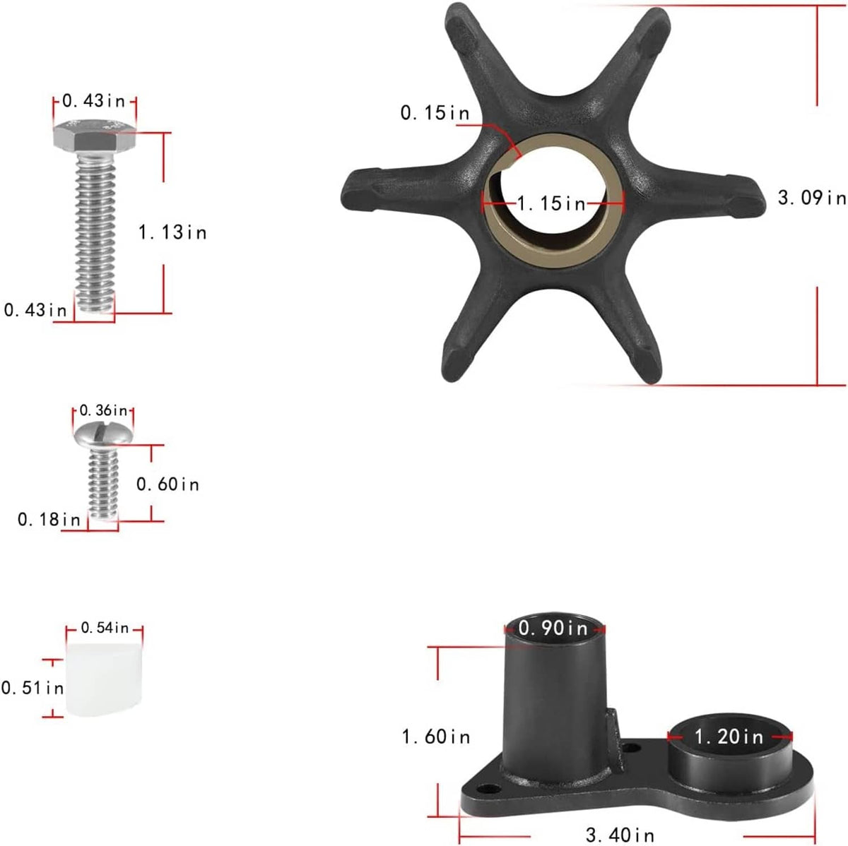 Water pump impeller with black blades and bronze bushing, plus mounting hardware diagram