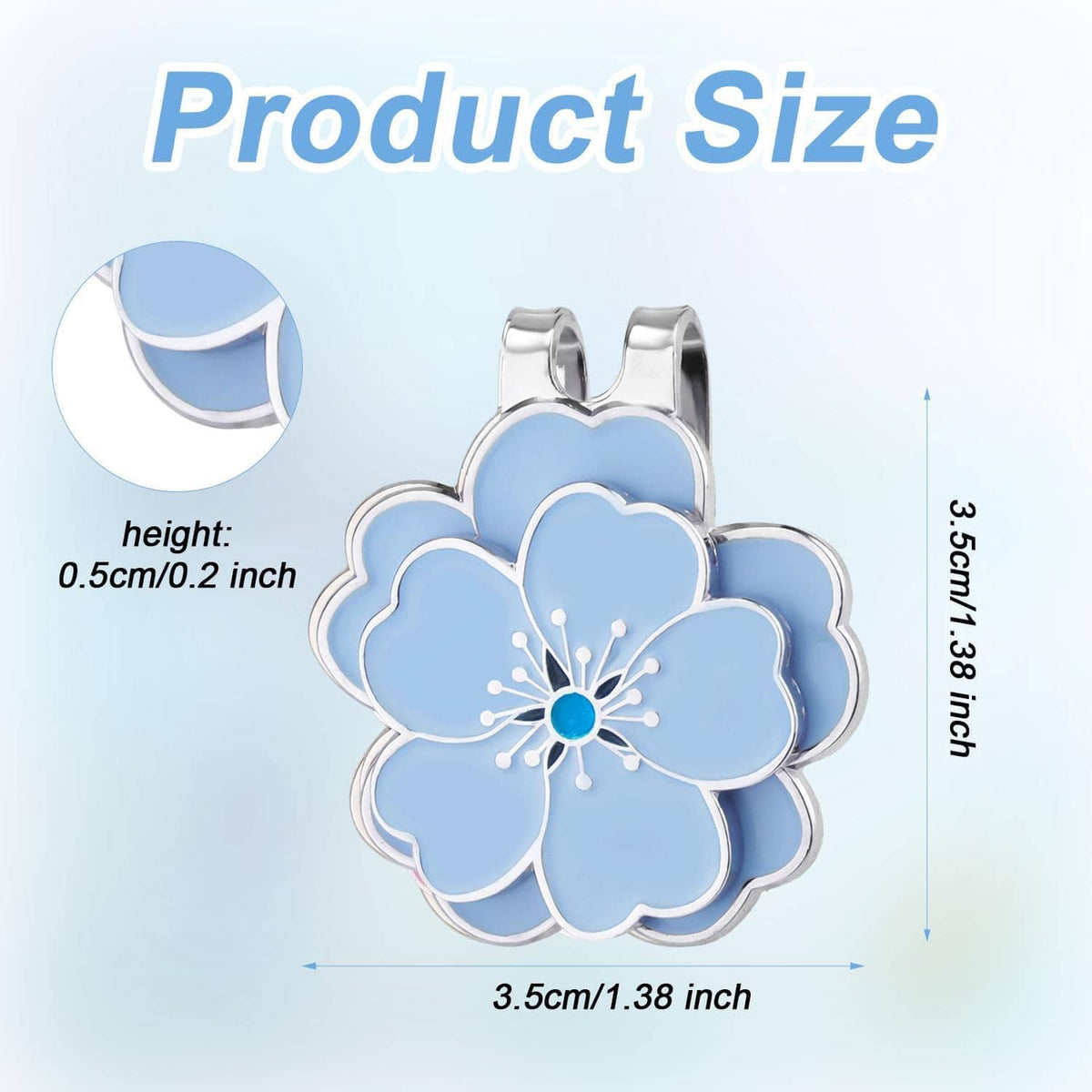 Blue flower magnetic golf ball marker with silver hat clip, size view