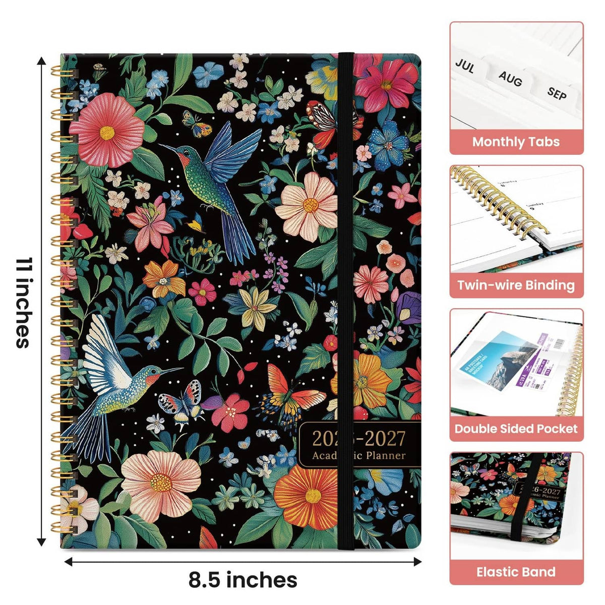 8.5-inch floral planner with spiral binding, elastic band, and monthly tabs