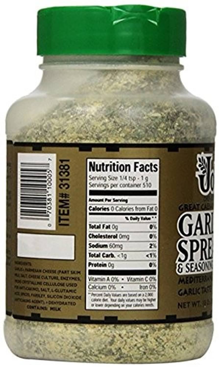 Garlic spread seasoning bottle nutrition facts panel with green cap
