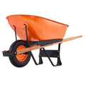 Orange garden dump cart with one wheel, black steel frame, and wooden handles
