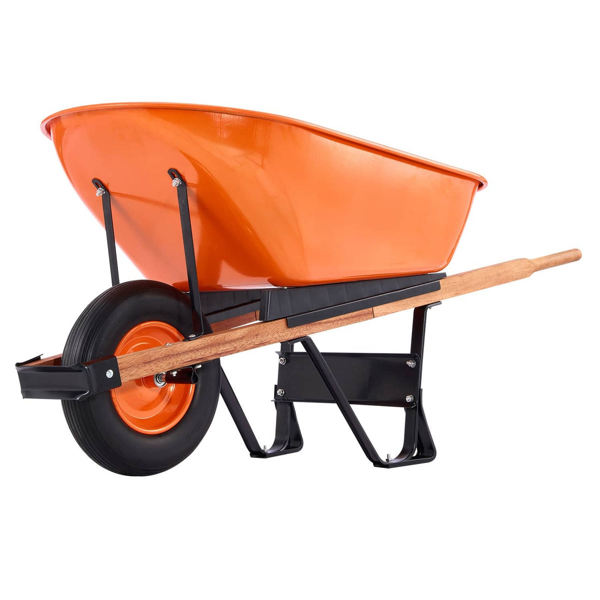Orange garden dump cart with one wheel, black steel frame, and wooden handles