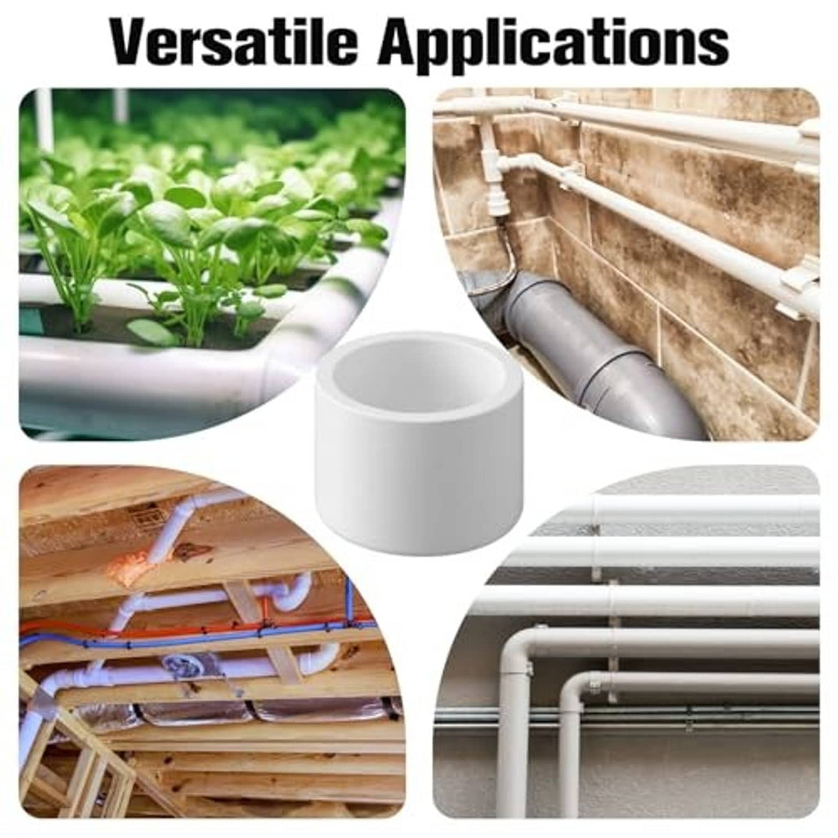 White PVC end cap fittings shown on pipe applications in multiple setups