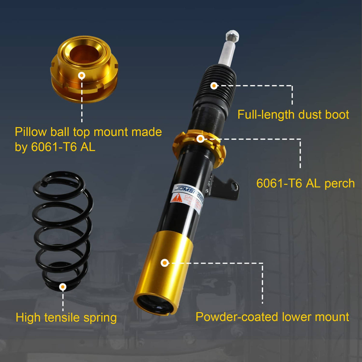 Coilover strut with black spring, gold top mount, and full-length dust boot