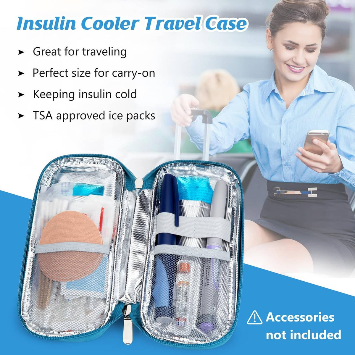 Opened insulin cooler travel case with silver foil lining and separated inner compartments