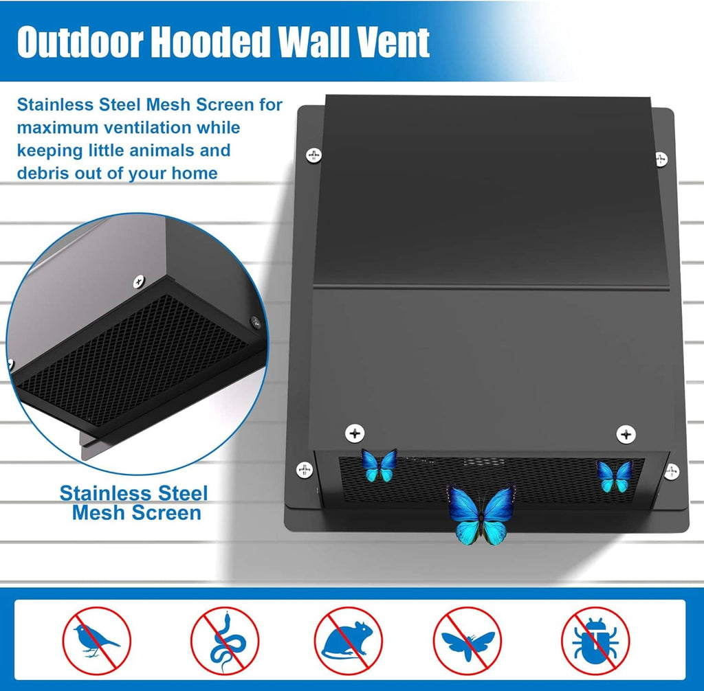 Outdoor hooded wall vent with stainless steel mesh screen and protective cover