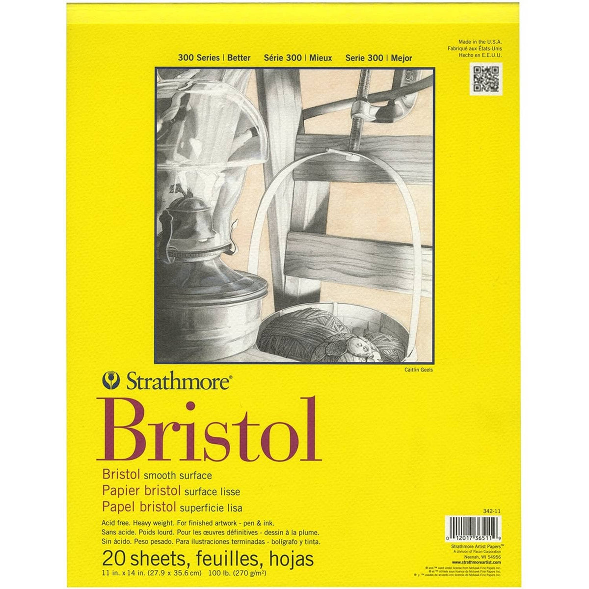 Strathmore Bristol paper pad, yellow cover, 20 sheets, smooth tape-bound.