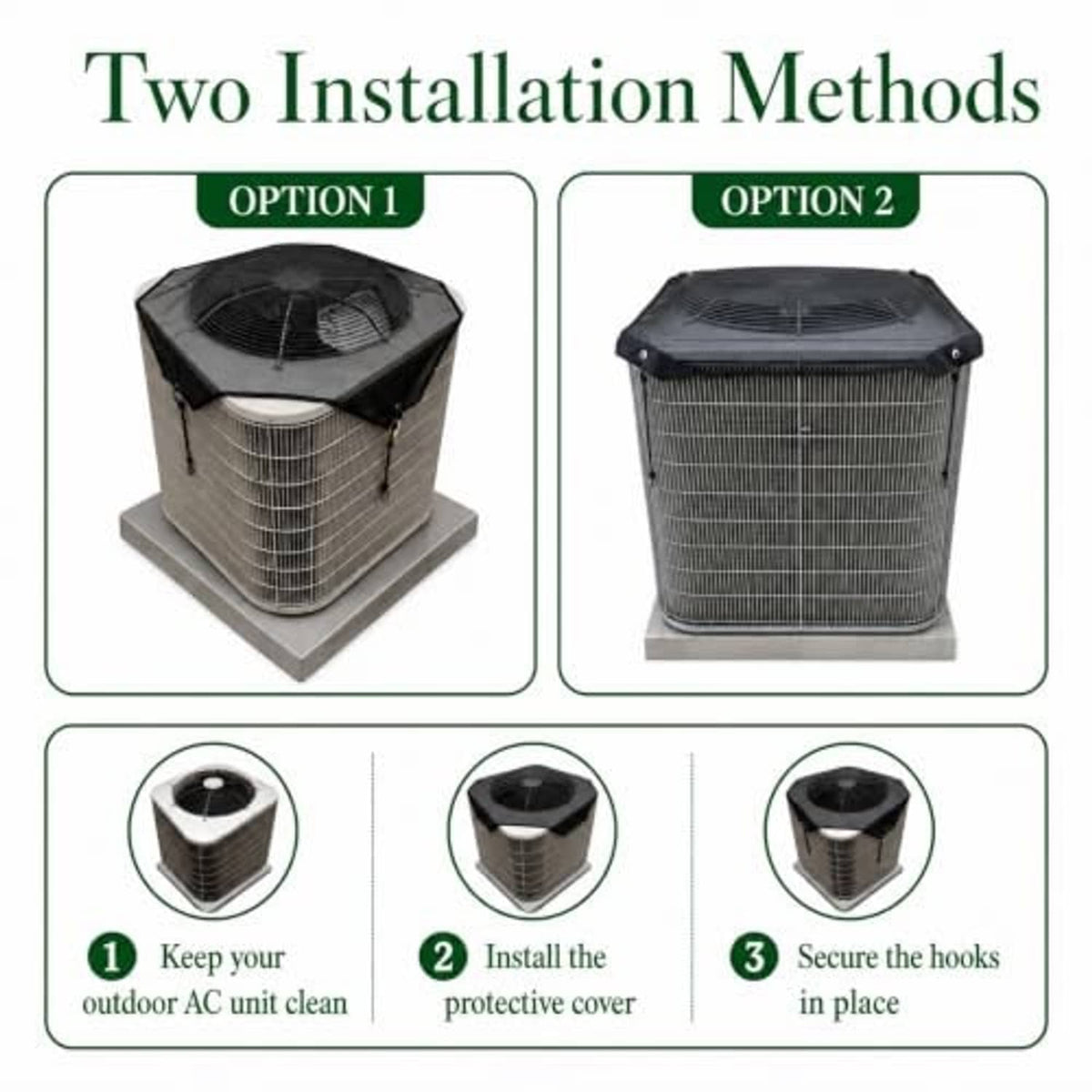 Black mesh AC cover with mounting hooks shown for securing to an outdoor unit