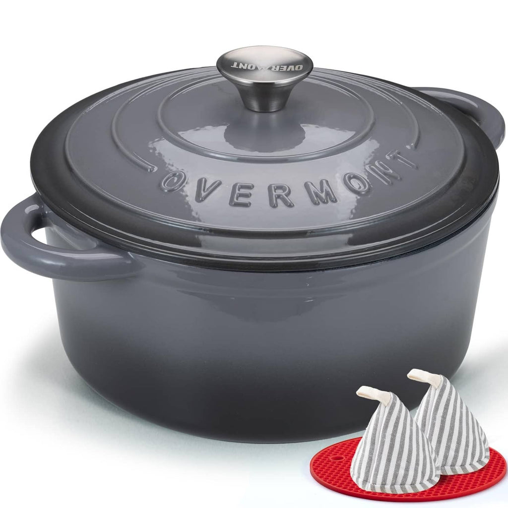 Grey enameled cast iron Dutch oven with lid and side handles