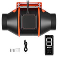 4-inch inline duct fan with black housing and orange frame, includes controller and cable