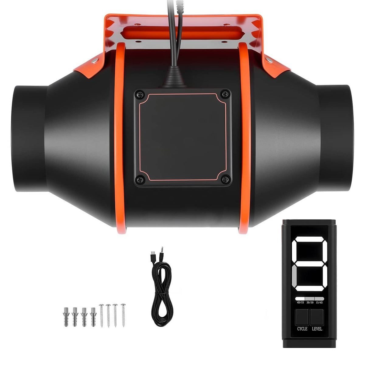 4-inch inline duct fan with black housing and orange frame, includes controller and cable