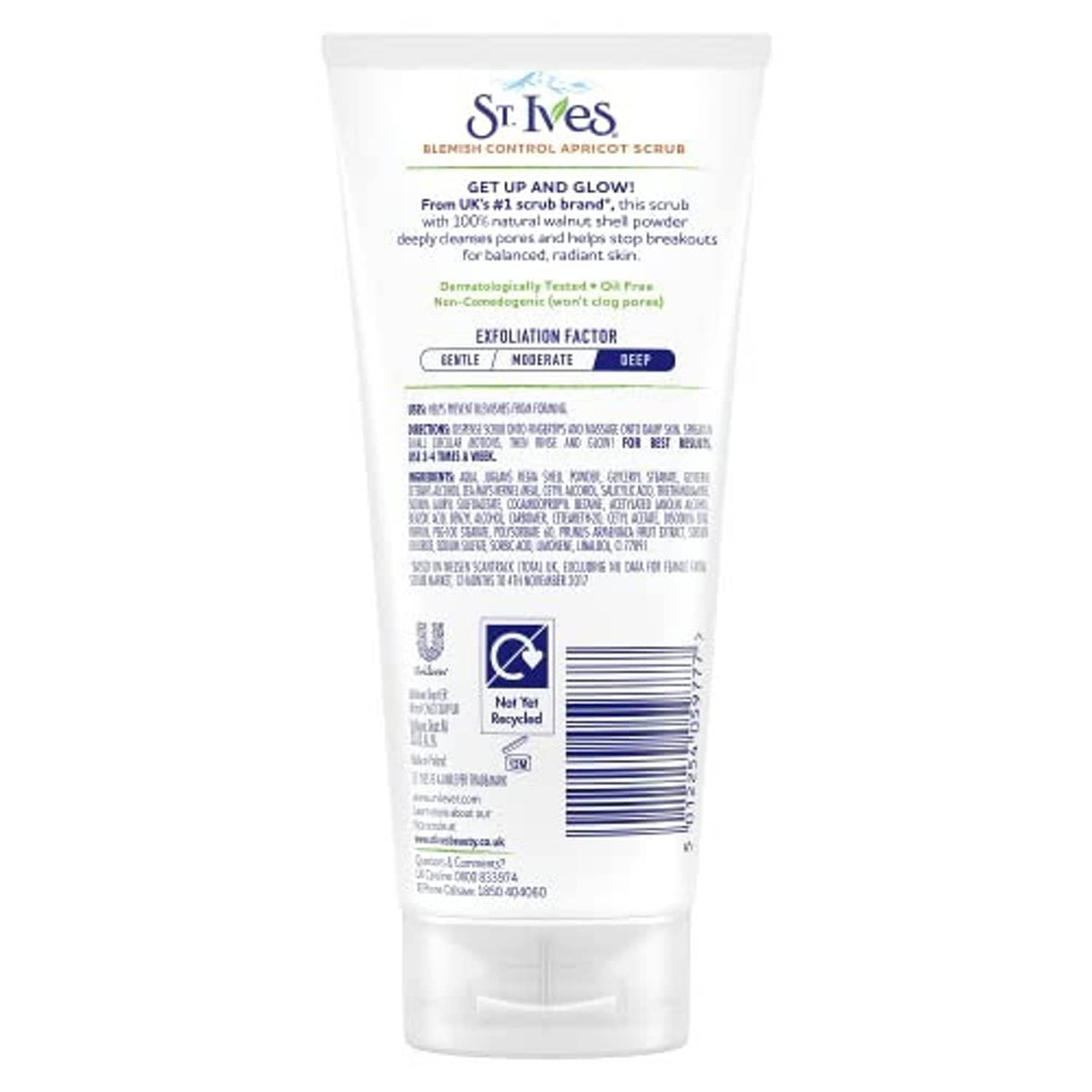 Apricot facial scrub tube back view with ingredients and usage information