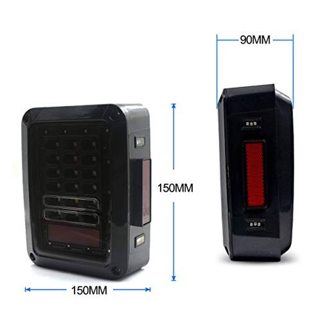 Black LED tail light with red reflector panel, shown with 90mm and 150mm size