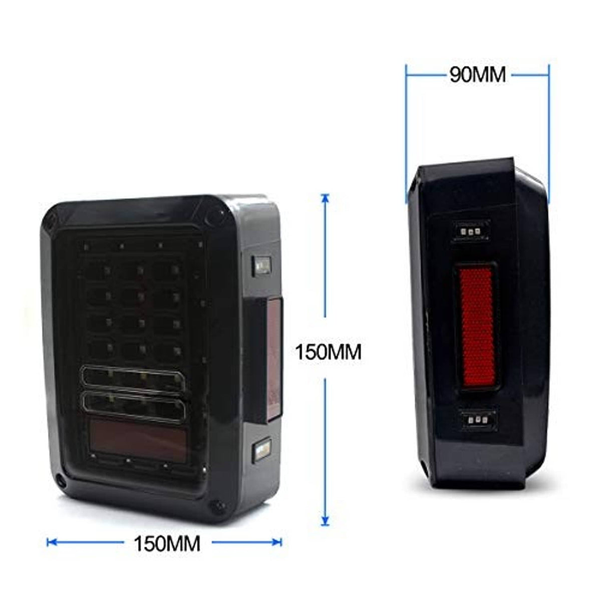 Black LED tail light with red reflector panel, shown with 90mm and 150mm size