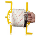 Large anchor rope spool winder with yellow frame, white rope with red flecks, metal latch.
