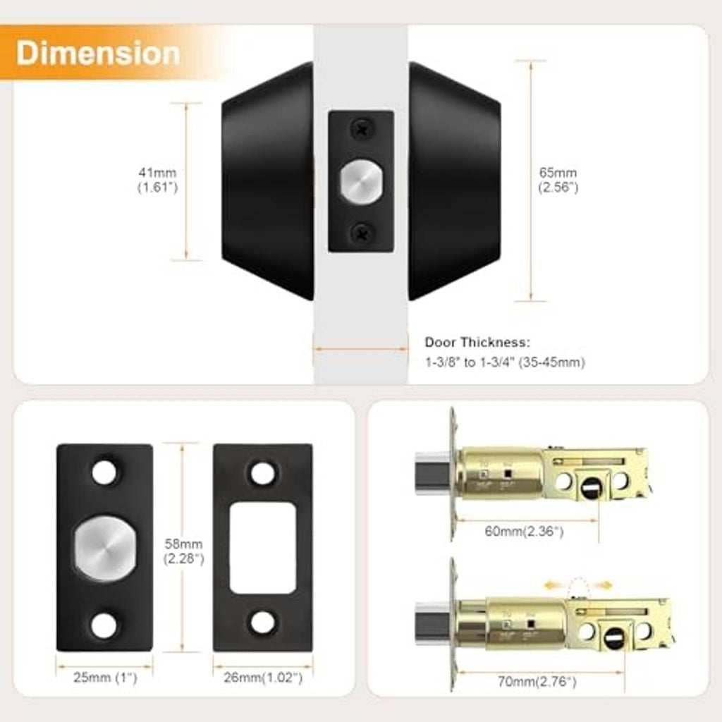 Black double cylinder deadbolt lock with mounting dimensions graphic and faceplate