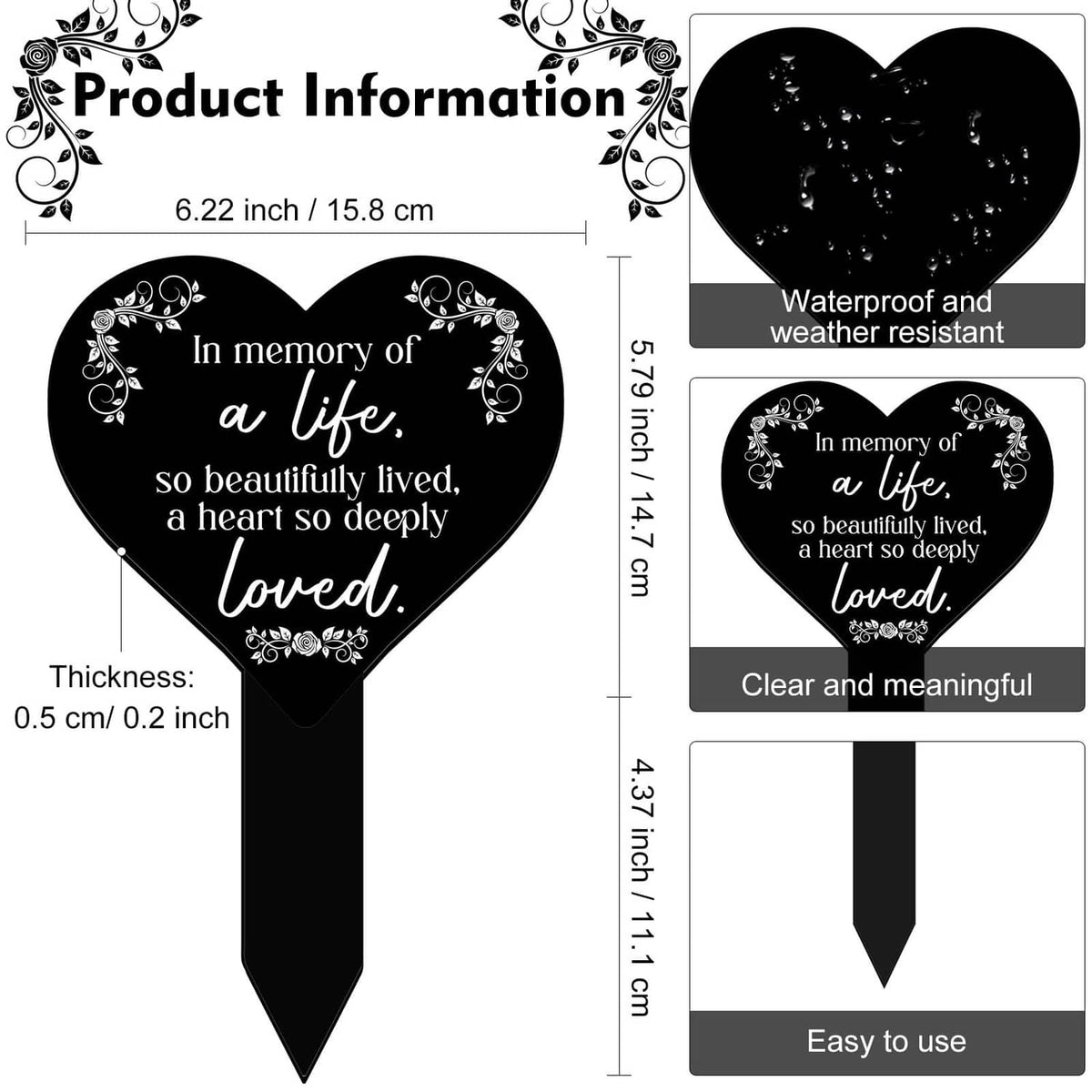 Heart-shaped black remembrance plaque with white verse and ornate floral frame on stake.