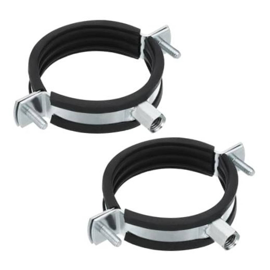 Split ring pipe hanger set with black rubber inner and zinc-plated metal clamps (2 pcs)