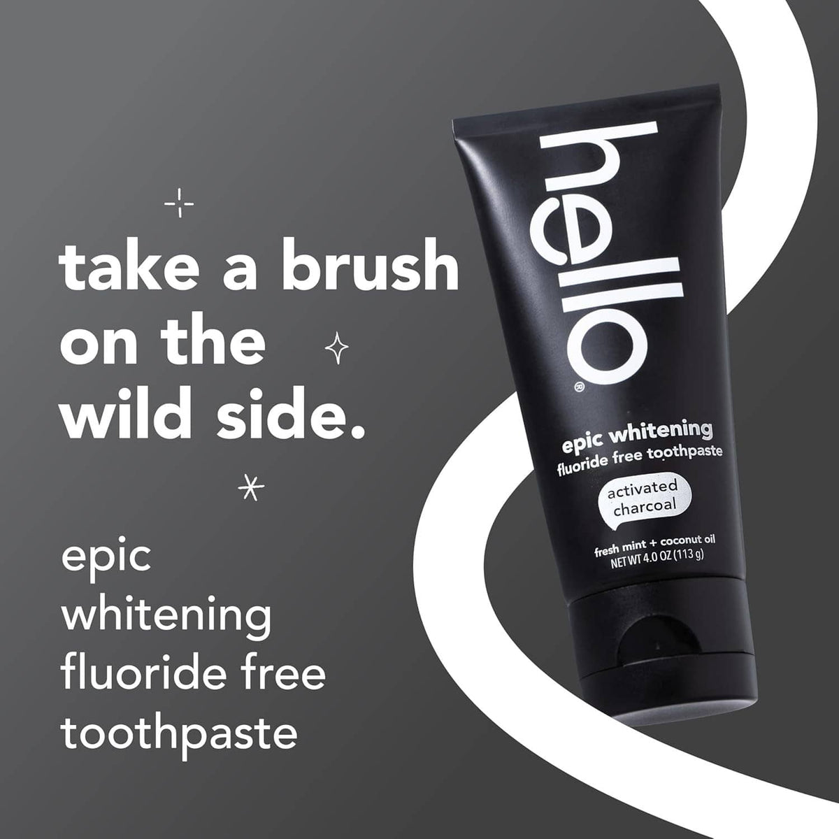 Charcoal whitening toothpaste tube, angled front view