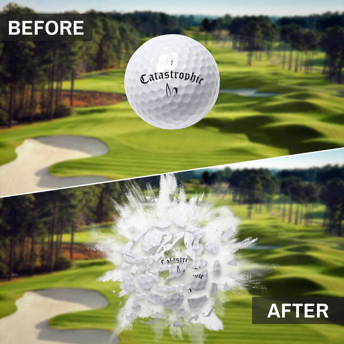 White golf prank ball marked “Catastrophic,” bursting into white smoke after impact