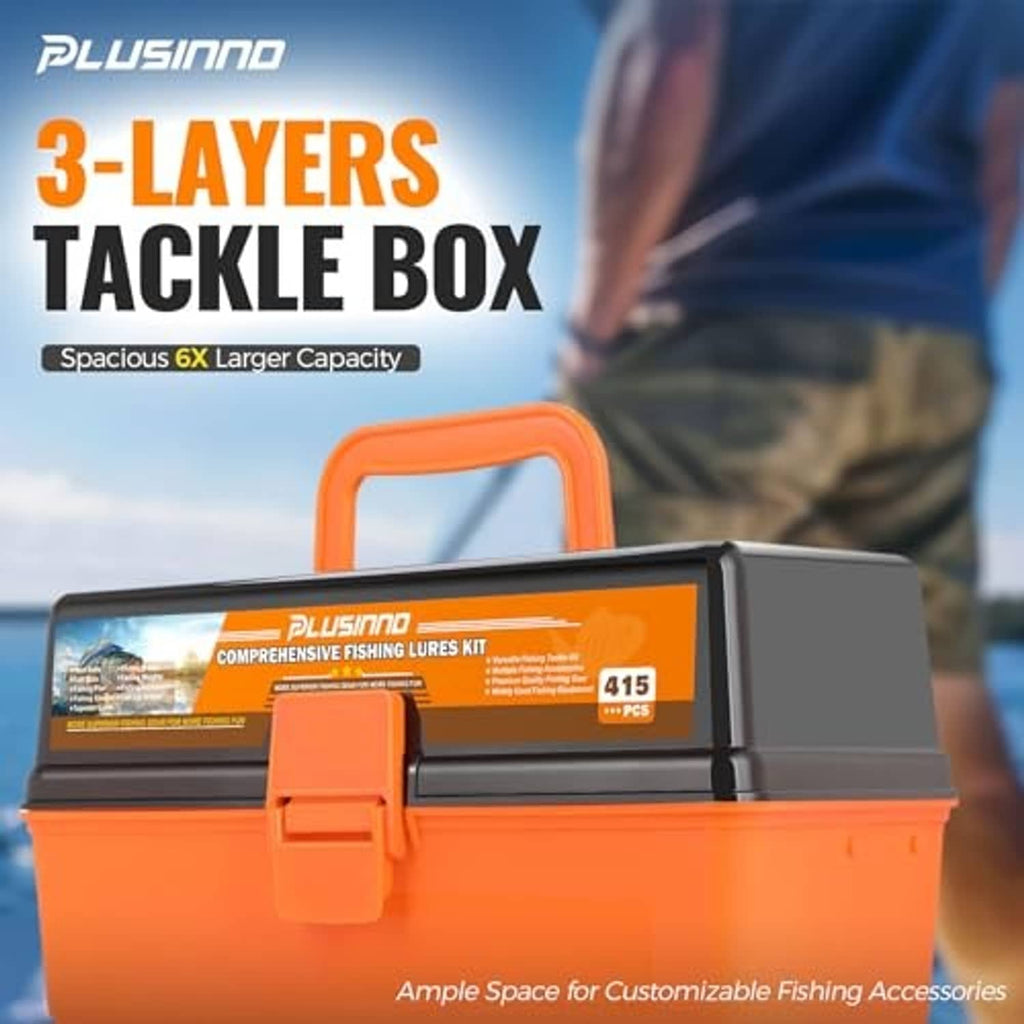 Orange and black 3-layer tackle box with carrying handle and front latch; lure kit
