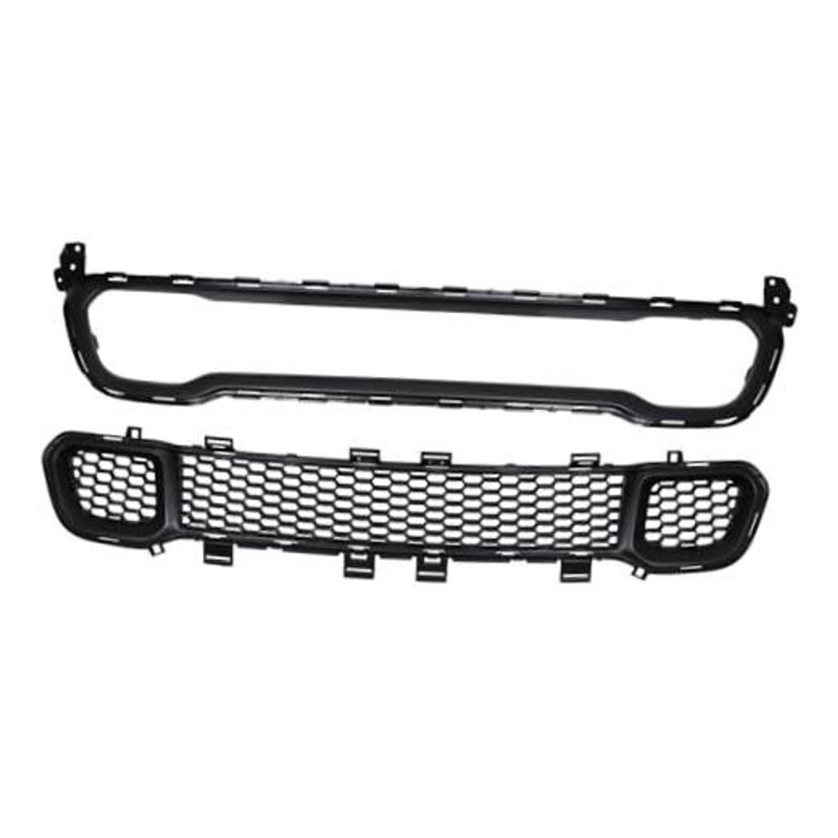 Black front grille with honeycomb mesh center and round mesh side openings