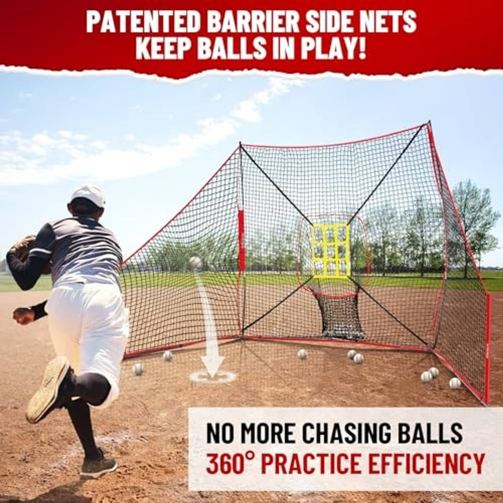 Outdoor baseball training net with red frame and yellow target strike zone