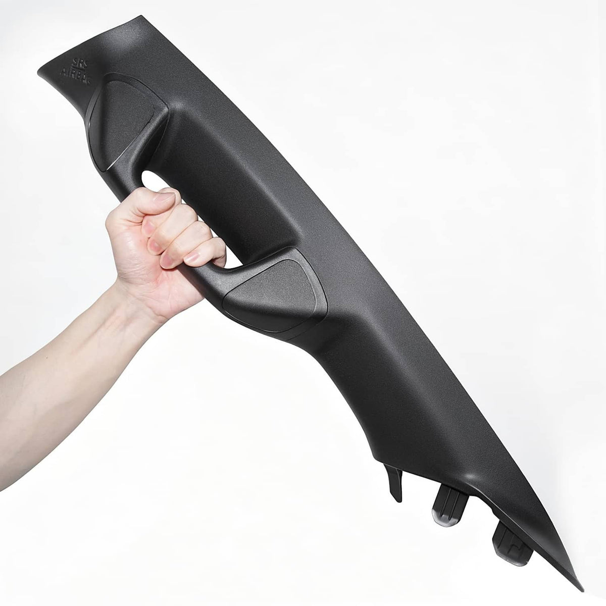Black A-pillar grab handle held by hand, showing smooth grip and side cutouts