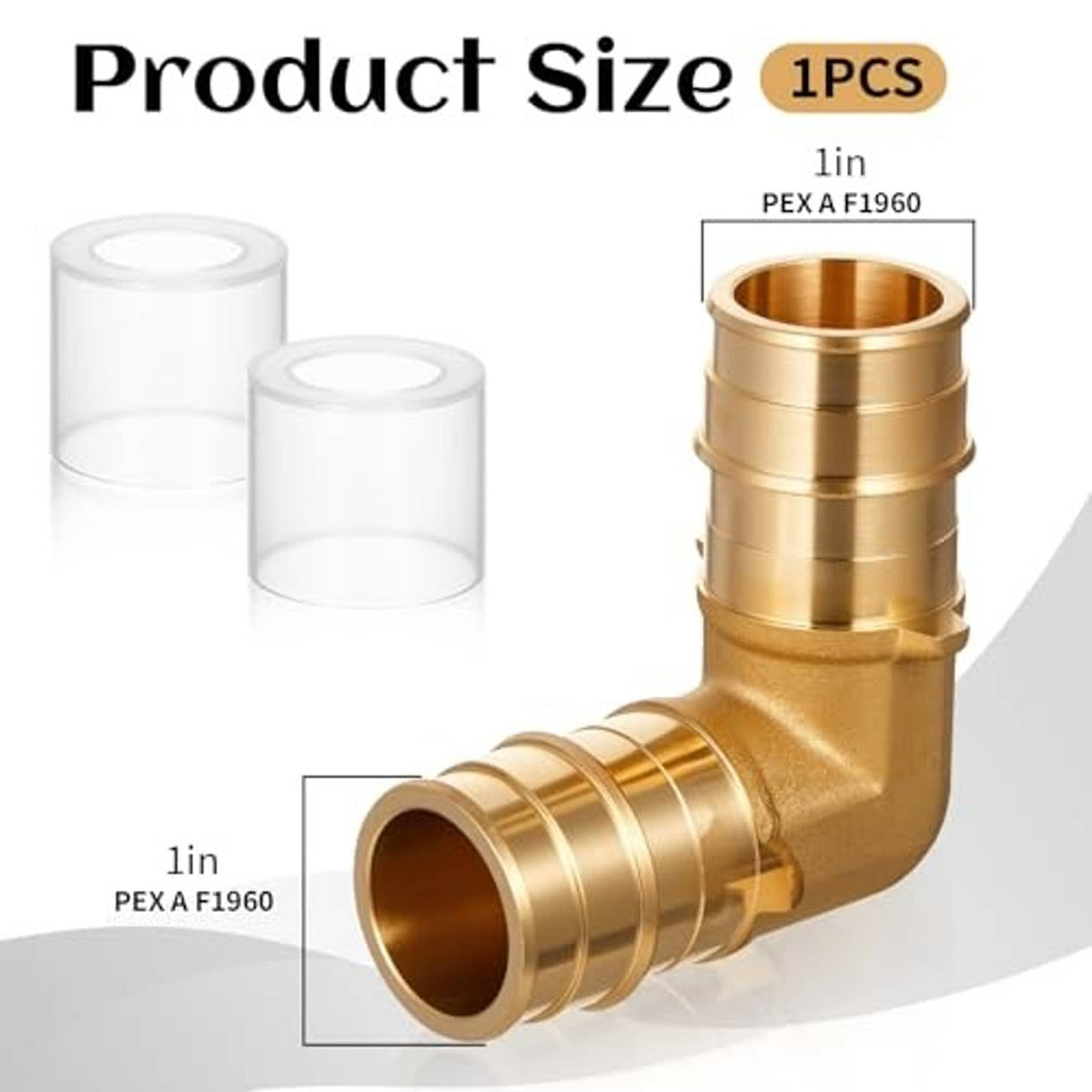 Solid brass 90-degree PEX elbow fitting with labeled size diagram