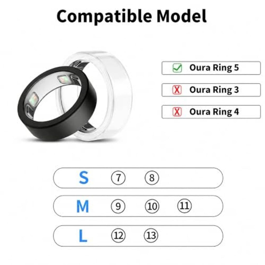 Silicone ring cover shown in black and clear with size and compatibility icons