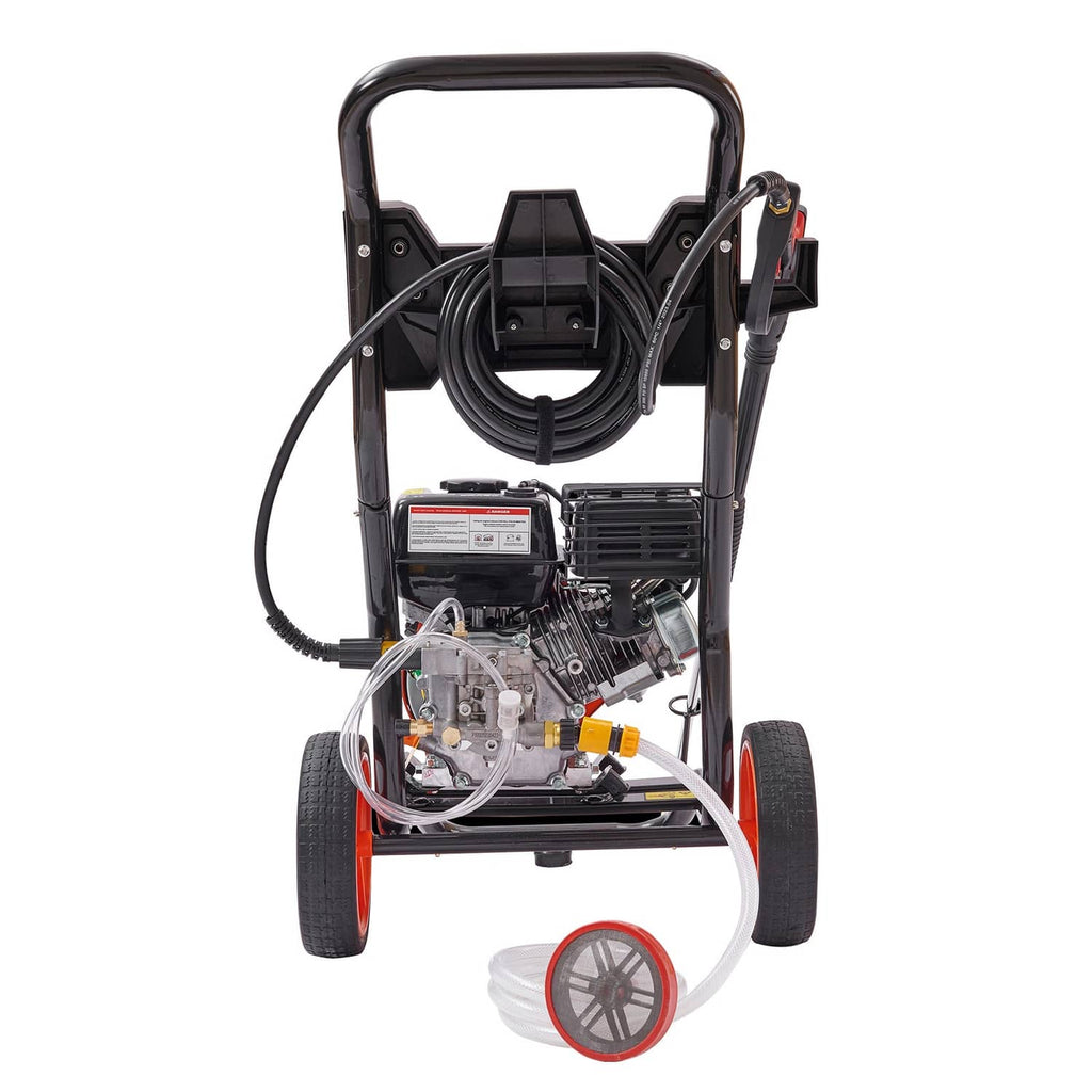 Gas pressure washer front view with black frame, orange wheels, and visible pump components