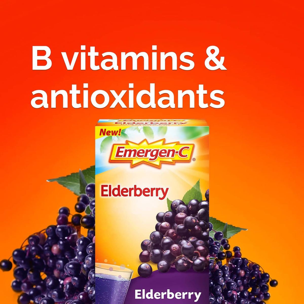 Emergen-C Elderberry drink mix box with elderberries and text “B vitamins & antioxidants”