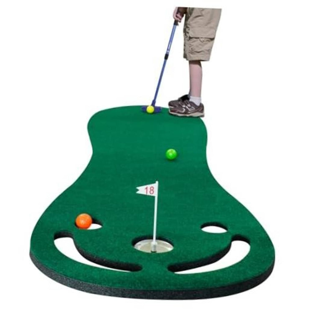 Green indoor/outdoor putting practice mat with center hole and 3 ball targets