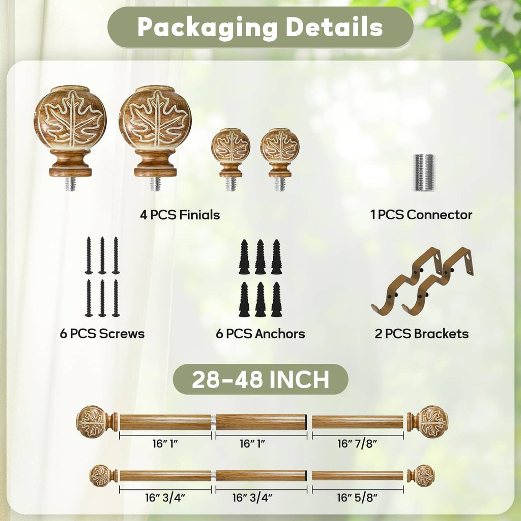 Curtain rod kit packaging showing leaf finials, screws, anchors, connectors, brackets