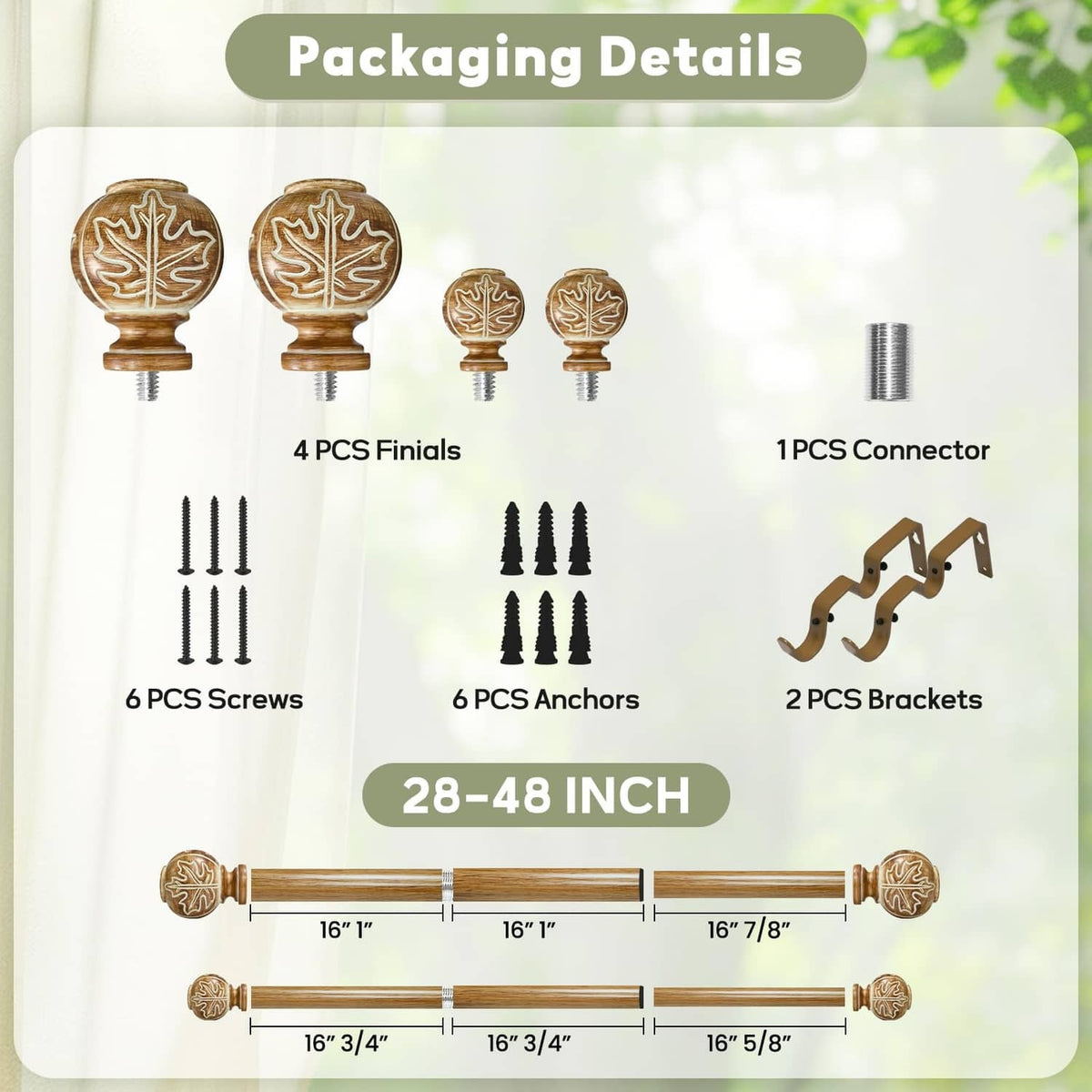 Curtain rod kit packaging showing leaf finials, screws, anchors, connectors, brackets