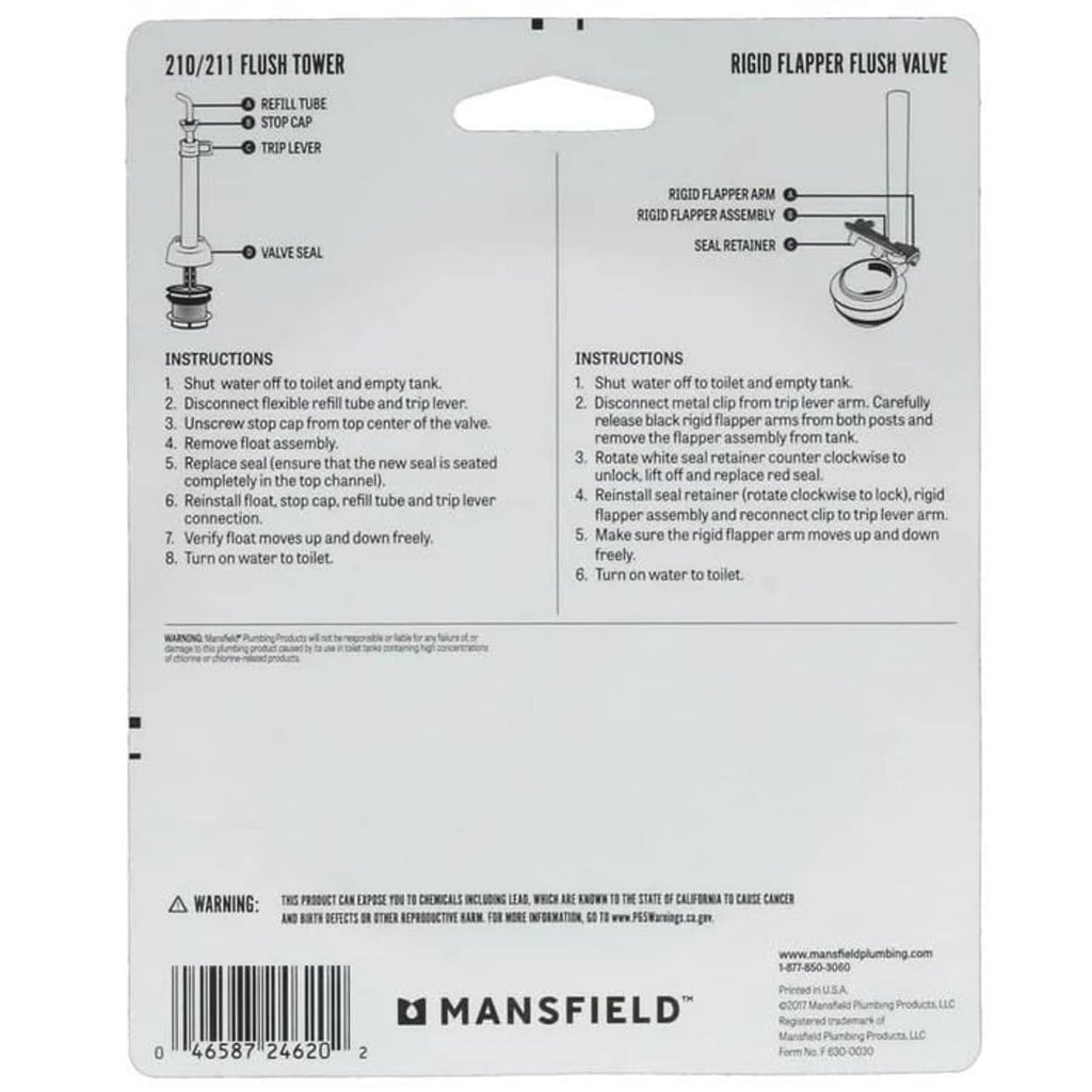 Back of flush valve seal gasket package with diagram and label details