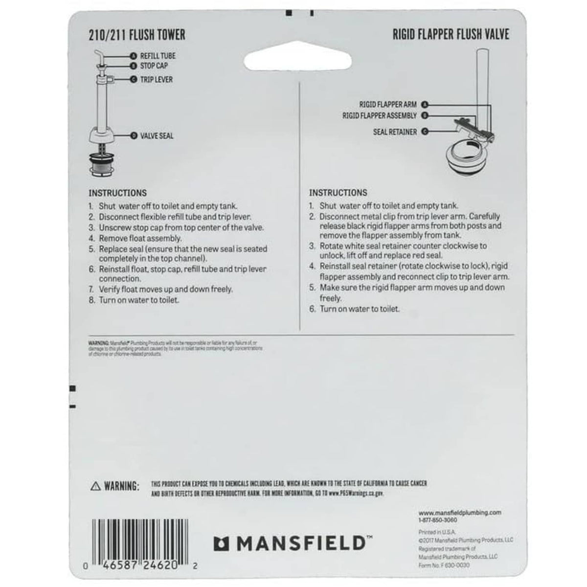 Back of flush valve seal gasket package with diagram and label details